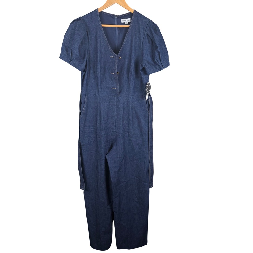 Shelby & Palmer Women Dark Wash Denim Puff Sleeve Wide Leg Jumpsuit Size 14 NWT